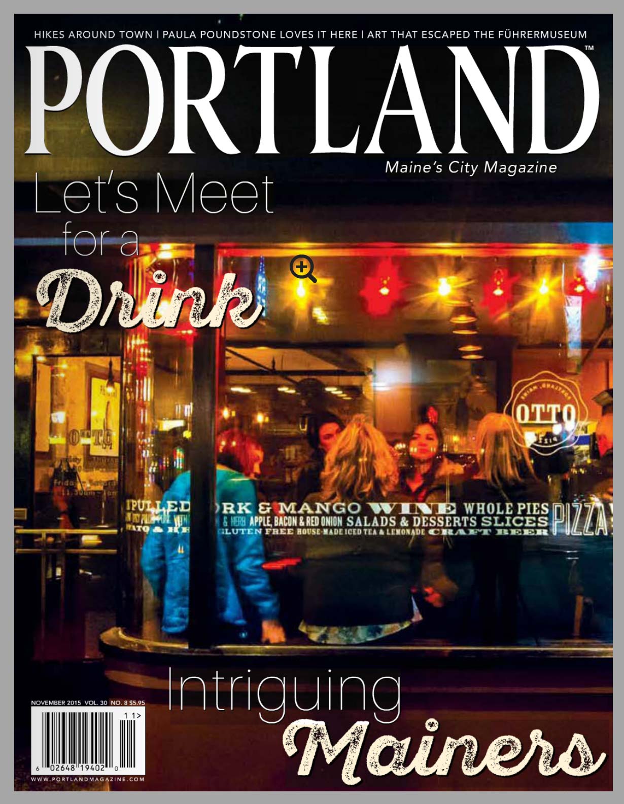 Cover of Portland Magazine with Restaurant Window Scene at Night with Yellow and Red Lights